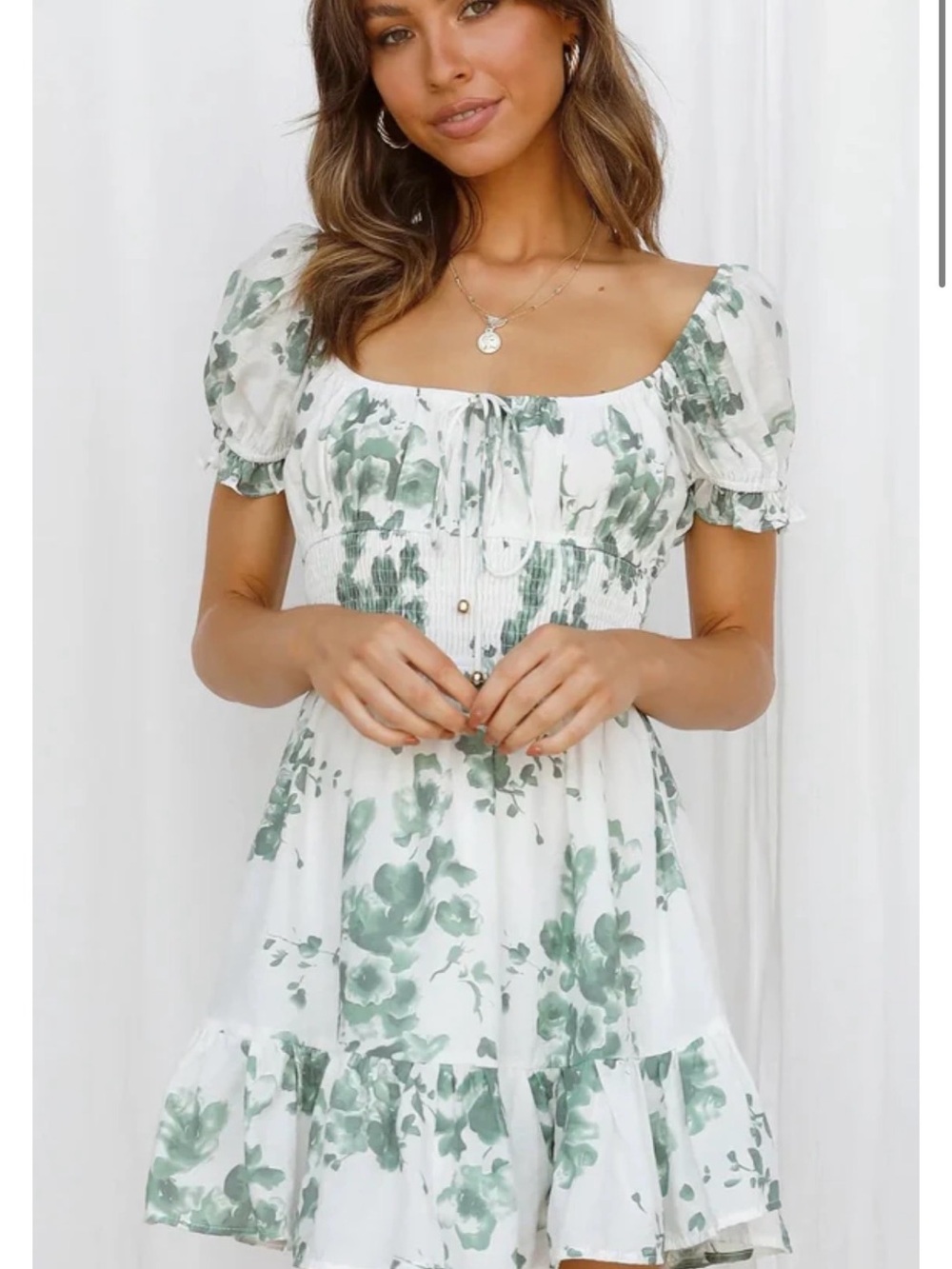 Saints & Secrets | White & Green Floral Puff Sleeve Mini Dress